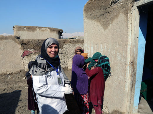 Credit: WHO Afghanistan/S.Ramo Kawkaba has been a midwife for 21 years and has spent the past 5 years providing essential health services to women at a WHO-supported mobile clinic operated by SHRDO NGO at the Pul-e-Company camp for IDPs in Kabul. “I assist with around 3 deliveries every month in women’s homes in the camp. If there is no midwife in the camp, we give clean delivery kits to families and teach them how to use them so they can have a safer birth at home,” she says.