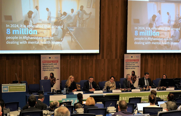 Panel discussion during the "Deepening crisis: Mental health and substance use disorders paralysing Afghan society" side event at the 67th session of the CND. Photo credit: EU/Karolina Lagiewka