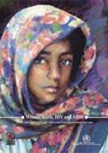 Image of the cover of the World AIDS Day 2004 folder showing a drawing of a girl and saying 'Women, girls, HIV and AIDS'