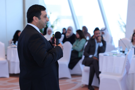 Mr Tamer Elmaghraby, Web and Media Manager, speaks to participants about the process of gathering social and behavioural insights to inform communication interventions. Photo credit: WHO/WHO Bahrain