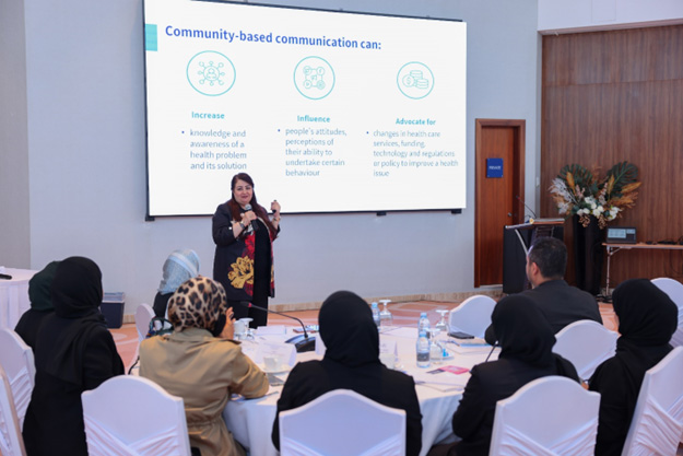Dr Samar Elfeky, Regional Adviser for Health Promotion and Social Determinants of Health, discusses fundamentals for all health communications. Photo credit: WHO/WHO Bahrain