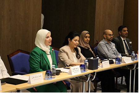 Dr Tasnim Atatrah, WHO Representative in Bahrain, and Dr Wafa Alsharbati, Director of Health Promotion, present their opening remarks to kick off the Healthy Cities Exchange of Experiences Workshop and Photography Exhibition. Photo credit: WHO/WHO Bahrain