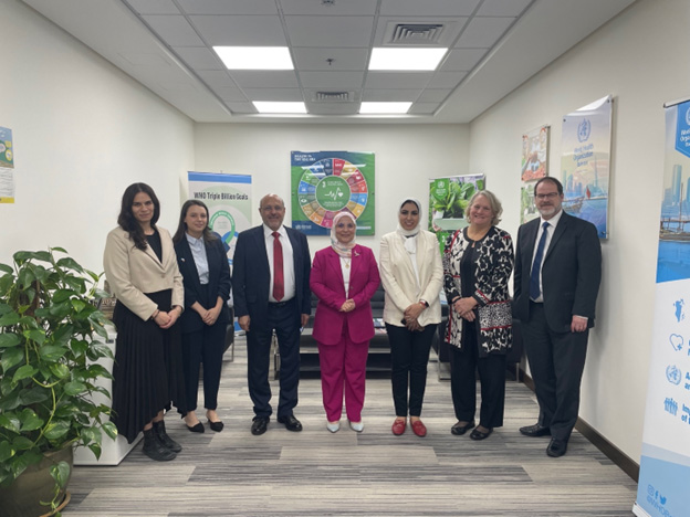Dr Tasnim Atatrah, WHO Representative in Bahrain (centre), welcomes mission members from the WHO Regional Office for the Eastern Mediterranean and PIVI. Photo credit: WHO/WHO Bahrain