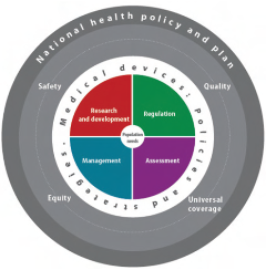 A diagram showing the relationship between the medical devices agenda and its interaction with the total expected outcomes of safety, quality, universal coverage, and equity