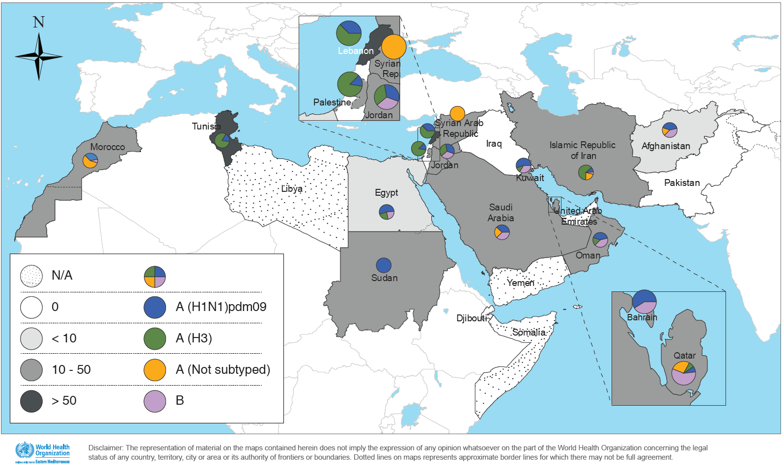 Influenza geographic spread in Eastern Mediterranean Region, March 2019