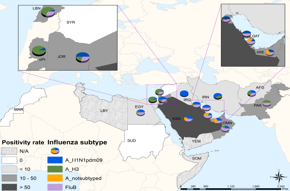 Influenza geographic spread in Eastern Mediterranean Region, April 2019