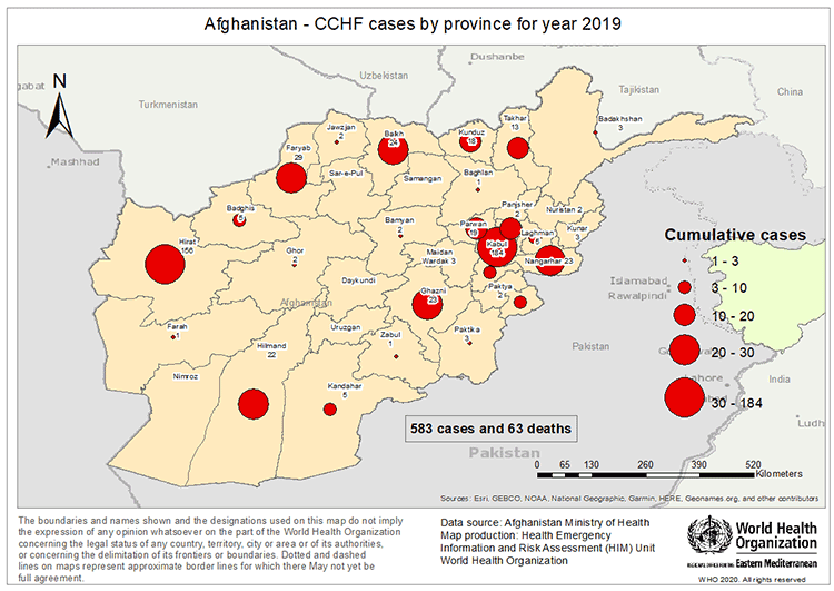 Fig 12. Geographical distribution of CCHF cases and related deaths reported from Afghanistan in 2019
