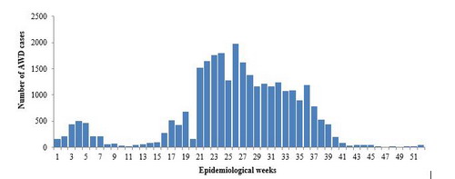 Fig. 1. Acute watery diarrhoea cases reported during EPI week 01 to 52, 2017, Sudan