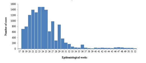 Figure 3.  Number of suspected chickenpox cases reported from Epi week 17-52 -2017, Pakistan