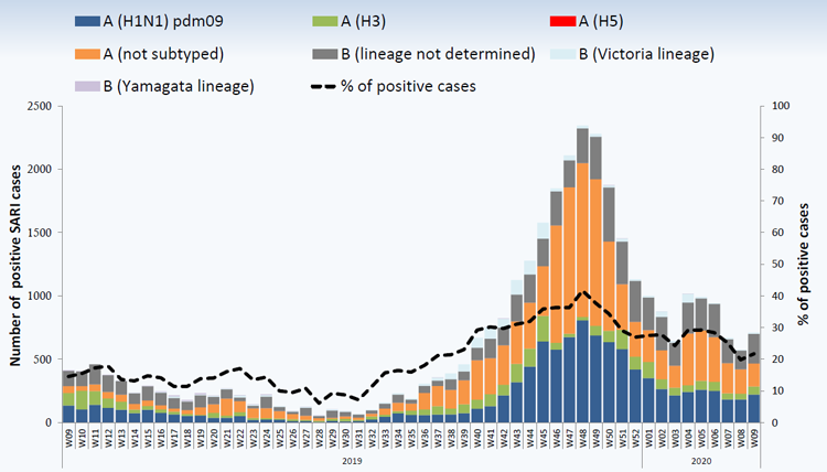 Weekly positive cases of influenza by subtype