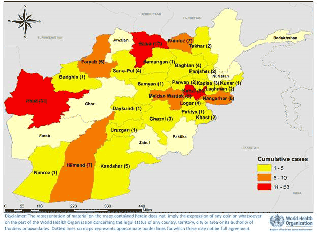 Fig. 10. Geographical distribution of Crimean-Congo haemorrhagic fever cases reported from Afghanistan in 2020