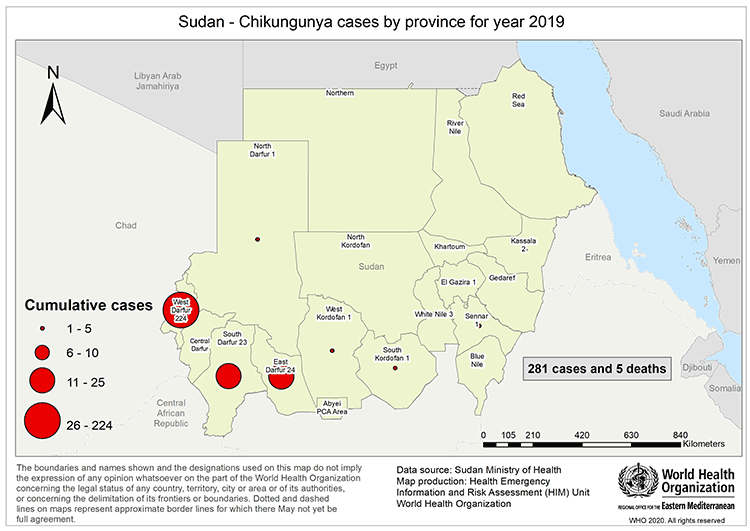 Fig 4. Geographical distribution of chikungunya cases reported in 2019 (Week 38‒52), Sudan