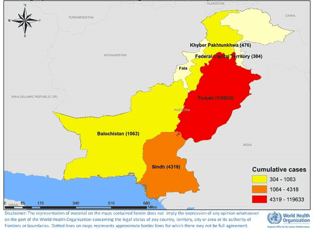 Fig. 13. Geographical distribution of suspected and confirmed dengue fever cases reported from Pakistan in 2020