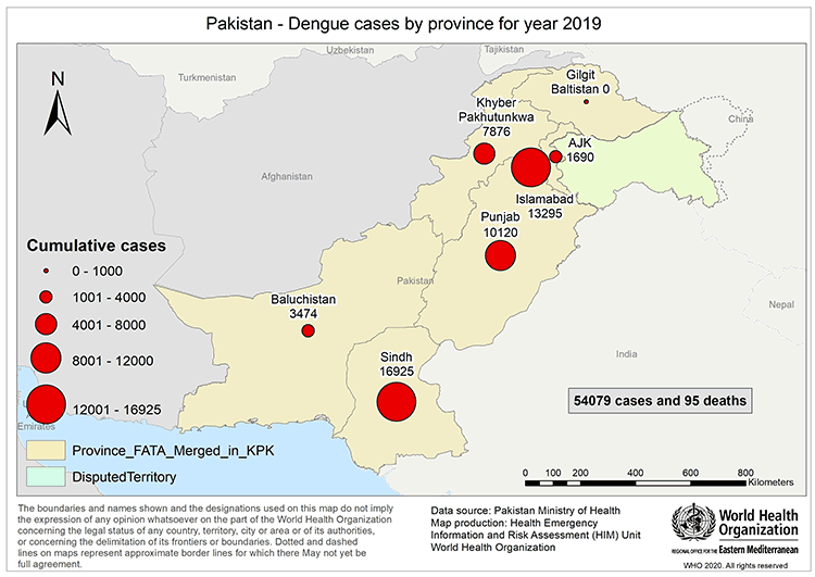 Fig 14. Geographical distribution of confirmed dengue fever cases reported from Pakistan in 2019