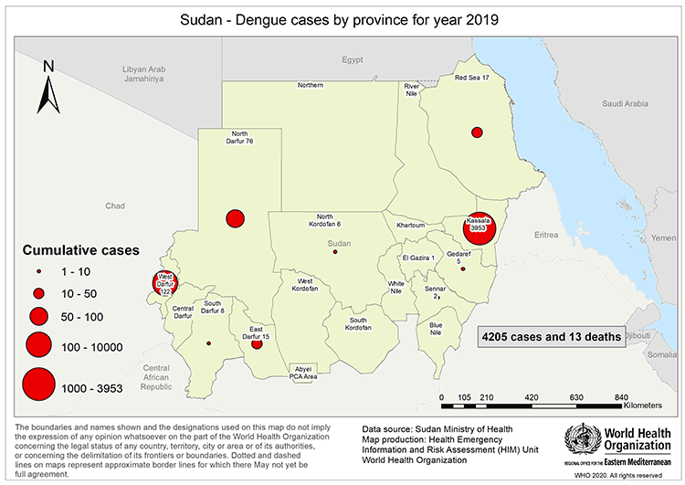Fig 16. Geographical distribution of dengue fever cases reported from Sudan in 2019
