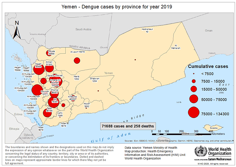 Fig 17. Dengue fever cases and deaths reported from Yemen in 2019