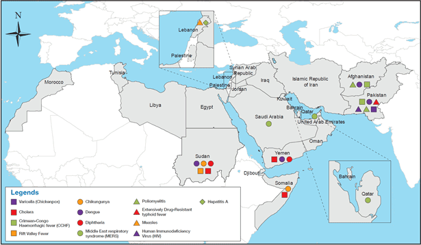 Fig 1. Countries of WHO Eastern Mediterranean Region reporting infectious disease outbreaks in 2019