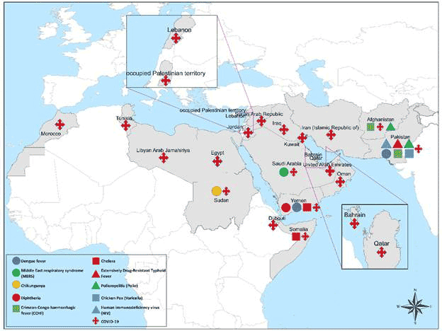 Fig. 1. Countries of WHO’s Eastern Mediterranean Region reporting infectious disease outbreaks in 2020