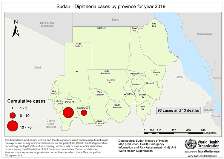Fig 20. Geographical distribution of diphtheria cases reported from Sudan in 2019