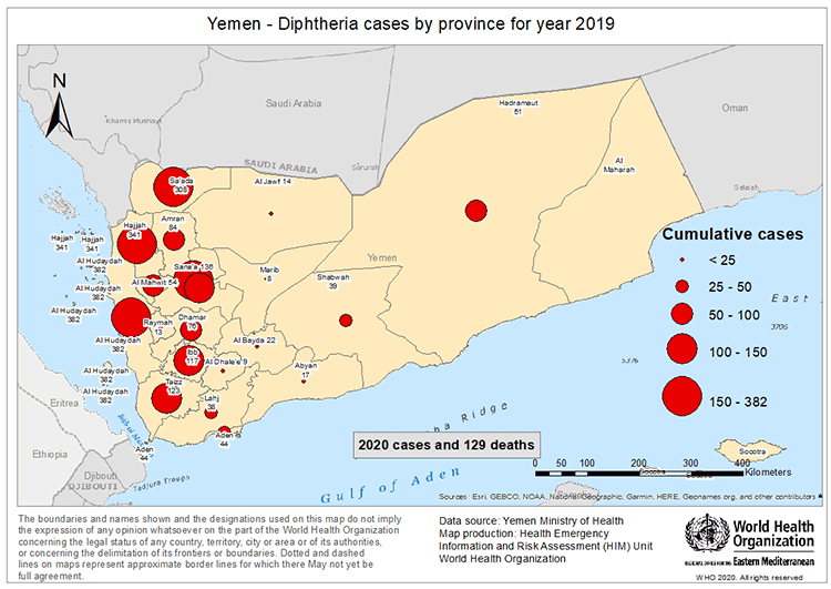 Fig 22. Geographical distribution of diphtheria cases reported from Yemen in 2019