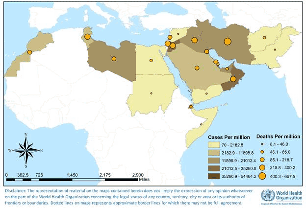 Fig. 22. Geographical distribution of COVID-19 cases and deaths per million reported from the Region, 29 January to 31 December 2020