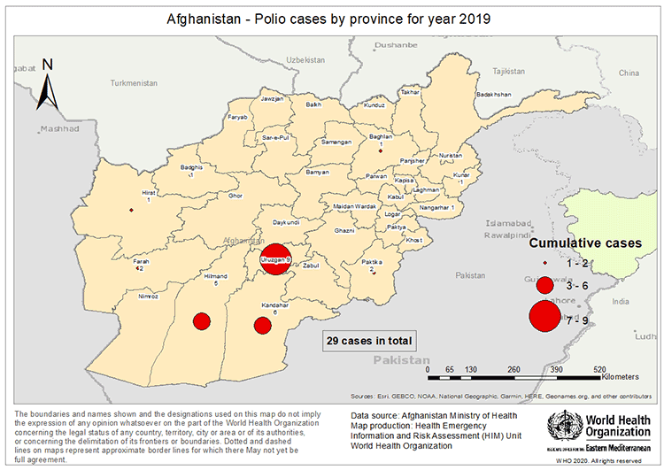 Fig 31. Geographical distribution of poliomyelitis (WPV1) cases reported from Afghanistan in 2019
