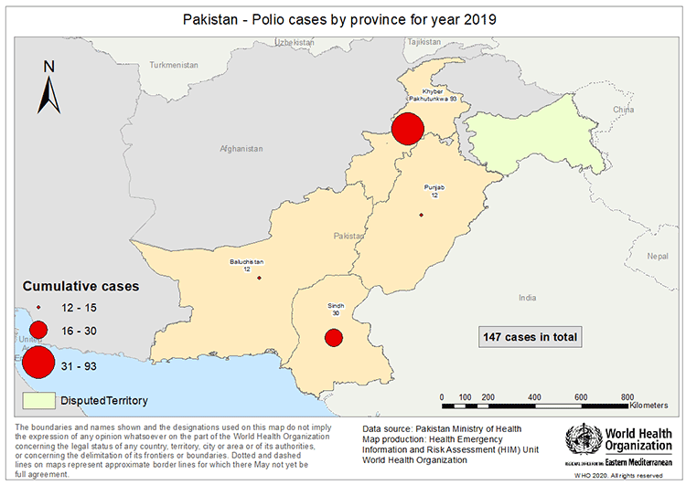 Fig 32. Geographical distribution of poliomyelitis (WPV1) cases reported from Pakistan in 2019