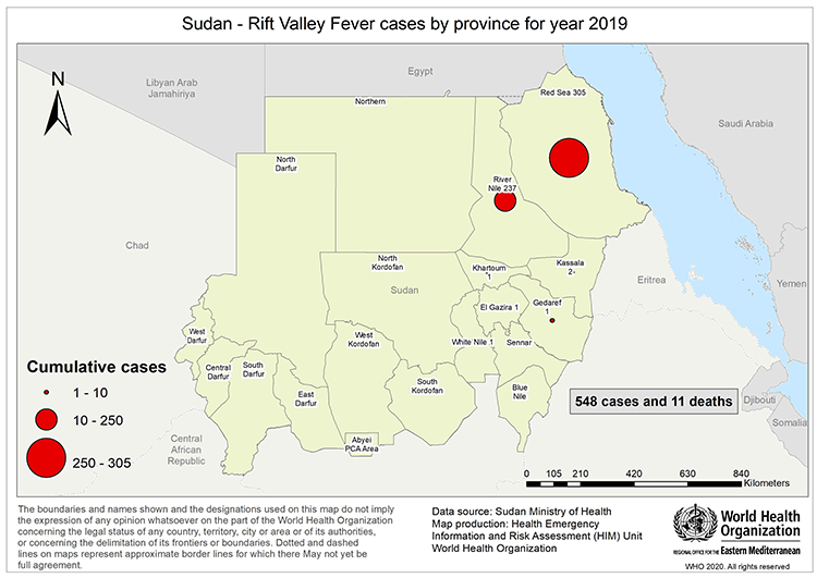 Fig 34. Geographical distribution of Rift Valley fever cases reported from Sudan in 2019