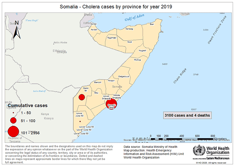 Fig 6. Geographical distribution of suspected cholera cases reported from Somalia in 2019