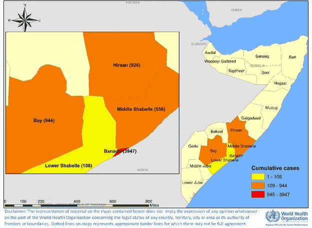 Fig. 6. Geographical distribution of suspected cholera cases reported from Somalia in 2020