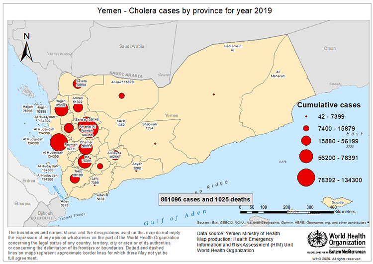 Fig 10. Geographical distribution of suspected cholera cases reported from Yemen in 2019