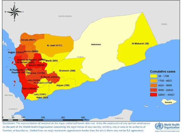 Fig. 8. Geographical distribution of suspected cholera cases reported from Yemen in 2020