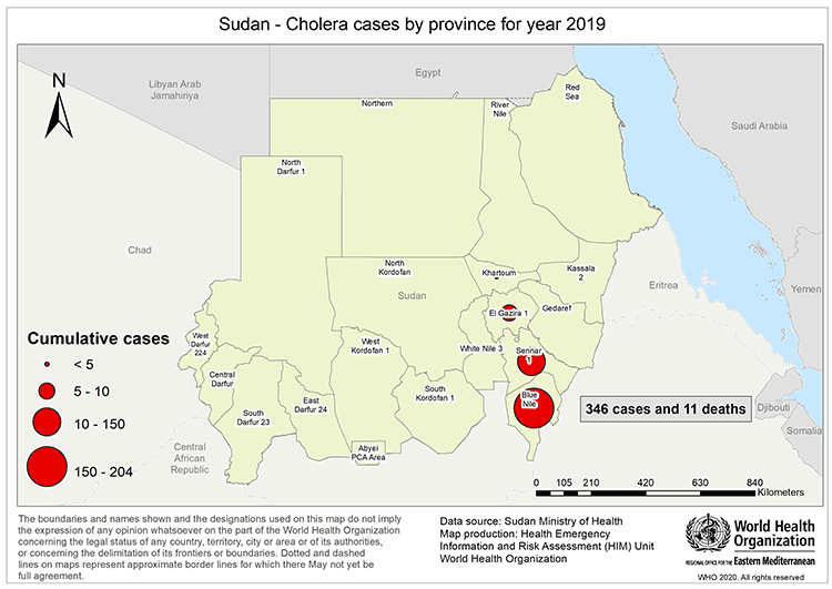 Fig 7. Susspected cholera cases and deaths reported in Sudan in 2019