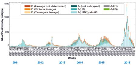 Number of specimens positive for influenza by subtype in the Region, 2010-2016