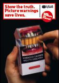 A photo of a tobacco pictorial warning on a cigrarette pack and the message 'Show the truth. Picture warnings save lives.'