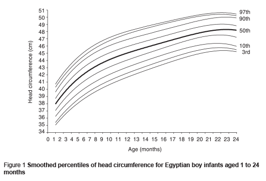 Figure 1 Smoothed percentiles of head circumference for Egyptian boy infants aged 1 to 24  months