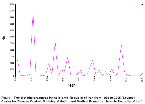 Figure 1 Trend of cholera cases in the Islamic Republic of Iran from 1965 to 2005 [Source:  Center for Disease Control, Ministry of Health and Medical Education, Islamic Republic of Iran]