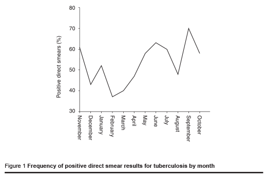 Figure 1 Frequency of positive direct smear results for tuberculosis by month 
