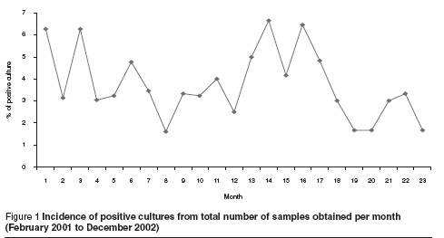 Figure 1 Incidence of positive cultures from total number of samples obtained per month  (February 2001 to December 2002)
