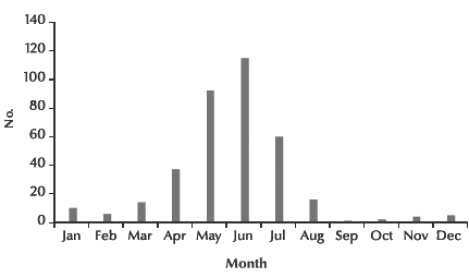 Figure 1 Monthly frequency of reported measles cases in Qatar, 2007