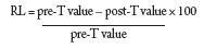 RL= (pre-T value - post-T value x 100) / pre-T value