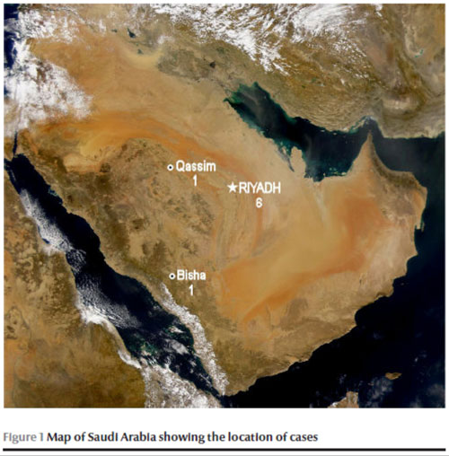 Figure 1: Map of Saudi Arabia showing the location of cases