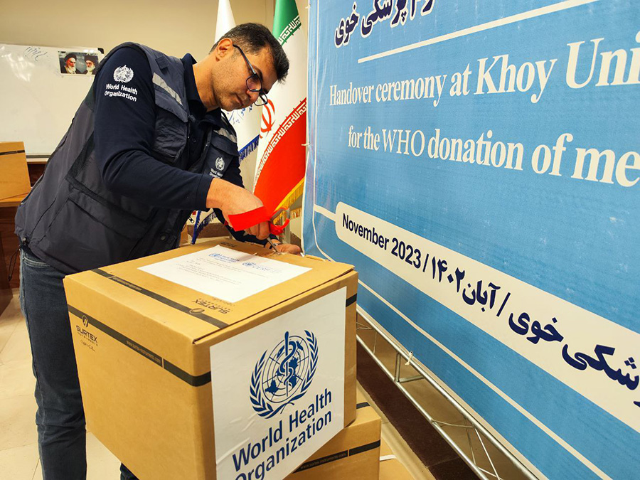 Emergency response equipment and supplies are handed over to Khoy University of Medical Sciences at a donation ceremony. Photo credit: WHO/WHO Iran