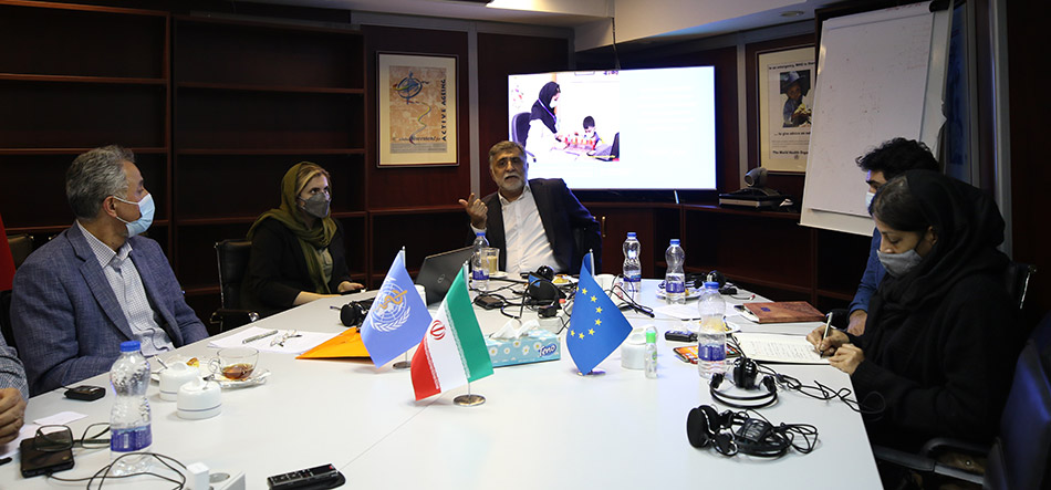 WHO Representative to the Islamic Republic of Iran Dr Syed Jaffar Hussain (middle) speaks at the meeting between WHO, MoHME (first left), SWO, and EU representatives (first and second right). Photo: WHO Islamic Republic of Iran