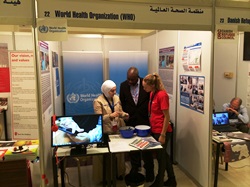 WHO showcases the new mobile public health surveillance system in Jordan, and the training programme for Syrian refugee doctors and nurses living in Turkey, at the Resilience and Development Forum Expo.  Credit: WHO/J. Swan