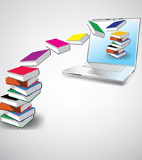 صورة لكومة من الكتب أمام جهاز كمبيوتر محمول. الكتب تطير لتشكل كومة جديدة في شاشة الكمبيوتر