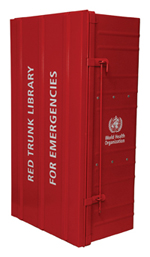 Image of a Red Trunk Library which looks like a large red closed metal chest with the words Red Trunk Library for emergencies written on the top with WHO logo visible on the side
