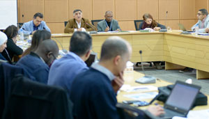 Participants around a table at the health coordination meeting