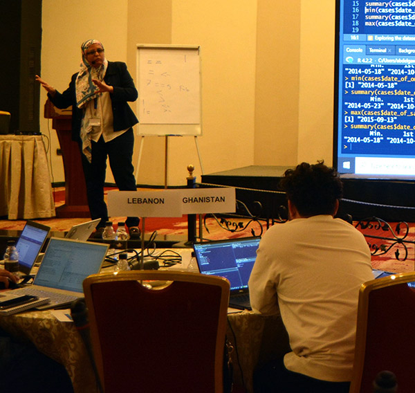 A WHO expert explains the R programming language tool during the training. Photo credit: WHO/Health Emergency Information and Risk Assessment Unit