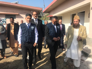 WHO Regional Director for the Eastern Mediterranean Dr Ahmed Al-Mandhari (front left) and WHO Director-General Dr Tedros Adhanom Ghebreyesus (front right)